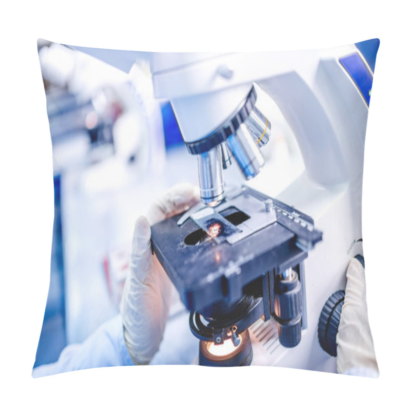 Personality  Details Of Medical Laboratory, Scientist Hands Using Microscope For Chemistry Test Samples Pillow Covers