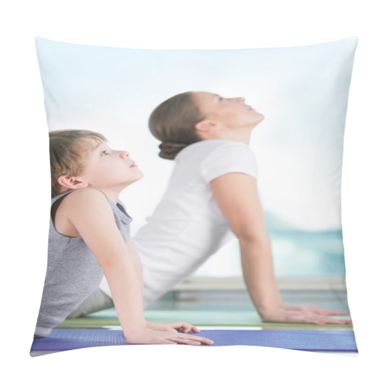 Personality  Mother And Son Doing Exercise At Home Pillow Covers