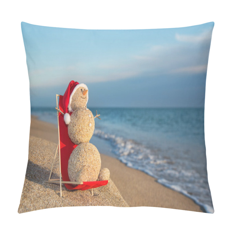 Personality  Sandy Snowman Sunbathing In Beach Lounge. Holiday Concept For Ne Pillow Covers