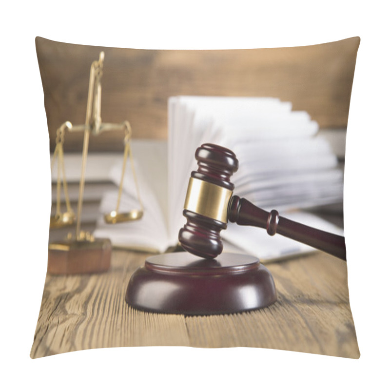 Personality  Wooden Gavel, Lady Justice, Gold Scale And Law Books On Wooden Table Pillow Covers