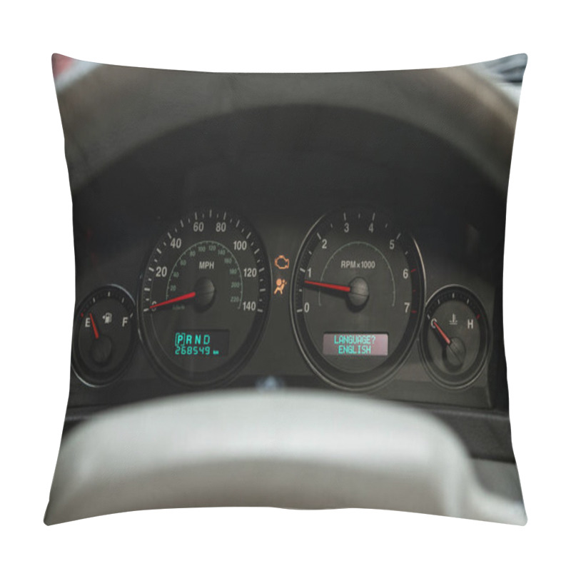 Personality  Novosibirsk, Russia  November 15, 2019:  Jeep,  Close Up Black Automobile Panel With Odometer, Speedometer, Tachometer, Fuel  And Oil Level Pillow Covers