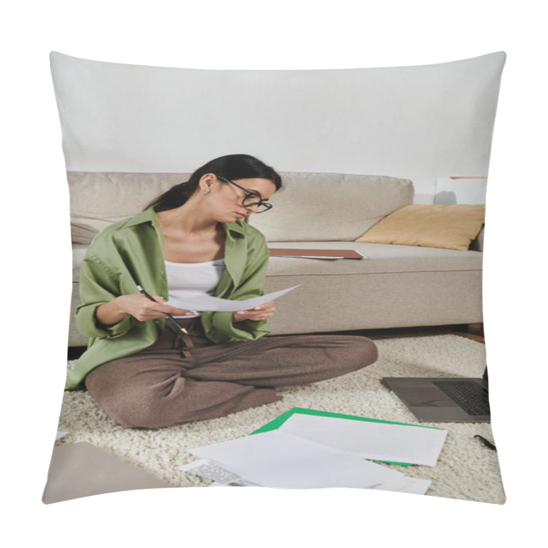 Personality  Woman In Casual Attire Sits On Floor, Engrossed In Papers. Pillow Covers