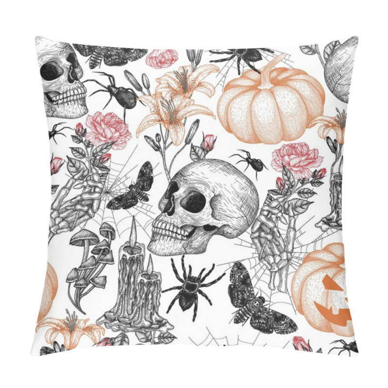 Personality   Seamless Vector Halloween Pattern In Engraving Style. Graphic Skull, Carved Pumpkin, Flowers, Skeletal Hand, Moth, Tarantula Spider, Cobweb, Candles Pillow Covers