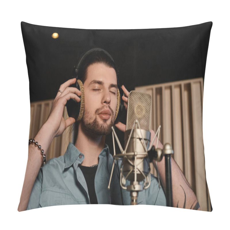 Personality  A Man Immersed In Music, Wearing Headphones, Mixing Tracks In A Recording Studio During A Music Band Rehearsal Session. Pillow Covers