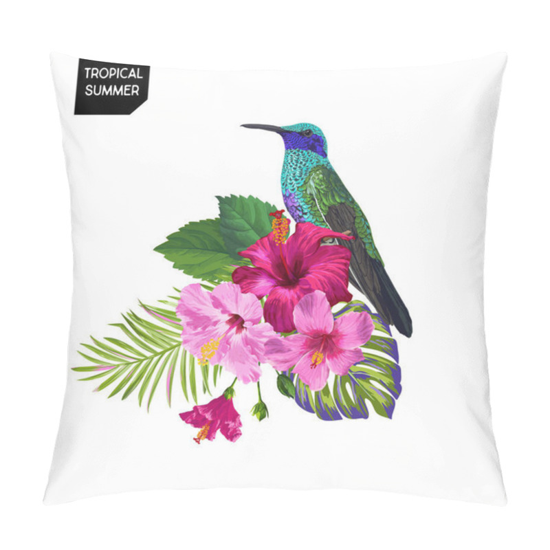 Personality  Summer Tropical Design With Hummingbird And Exotic Flowers. Floral Background With Tropic Bird, Hibiskus And Palm Leaves. Vector Illustration Pillow Covers