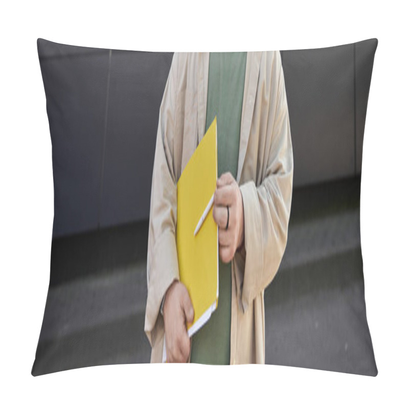 Personality  A Man With Down Syndrome Holds A Notebook And Pen, Standing Confidently Outside. Pillow Covers