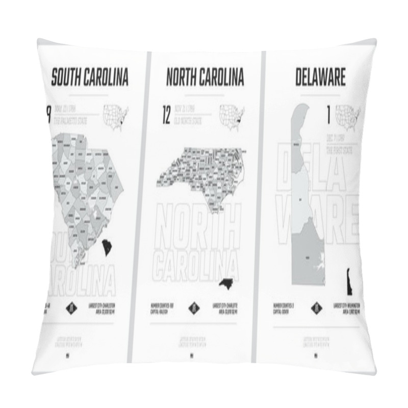 Personality  Highly Detailed Vector Silhouettes Of US State Maps, Division United States Into Counties, Political And Geographic Subdivisions Of A States, South Atlantic - South Carolina, North Carolina, Delaware - Set 9 Of 17 Pillow Covers