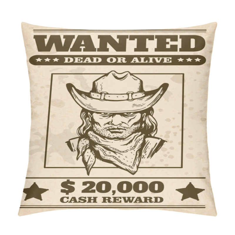 Personality  Wild West Wanted Poster With Cowboys Face, Sketch Cartoon Vector Illustration. Pillow Covers