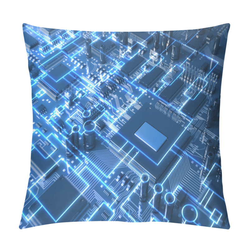 Personality  Fantasy Circuit Board Or Mainboard With Glowing Schemes. Top View. 3d Illustration Pillow Covers