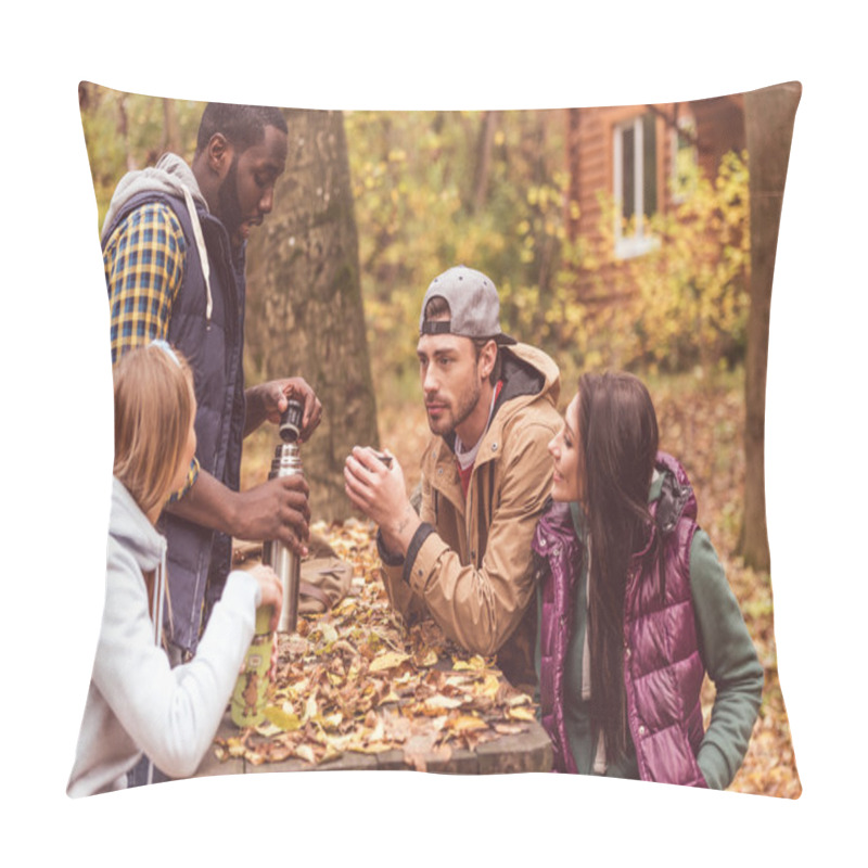 Personality  Friends Pouring Hot Drink In Forest Pillow Covers