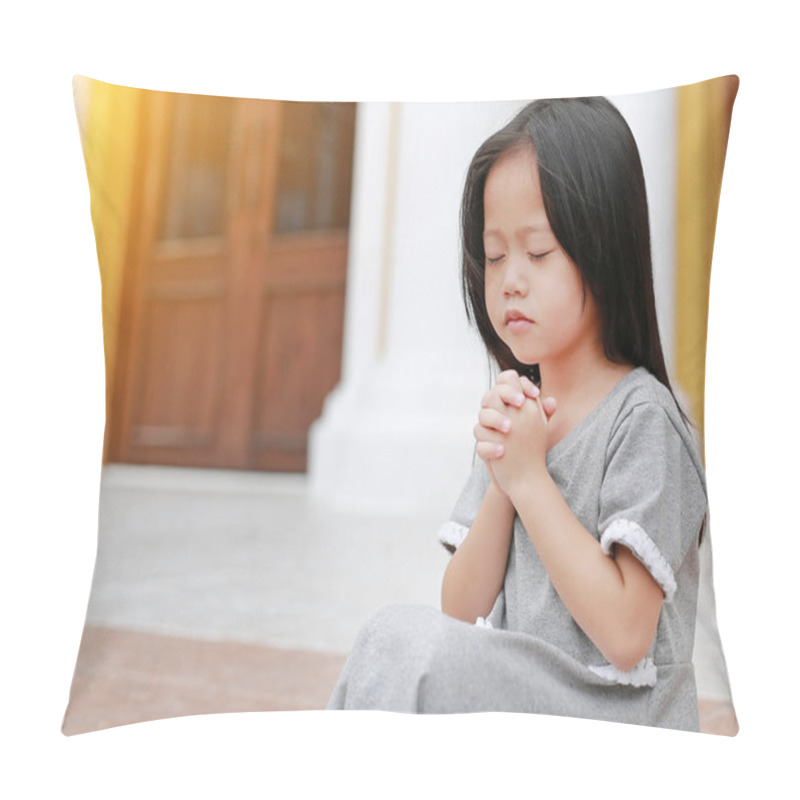 Personality  Little Asian Girl Stance Praying At The Church. Hands Folded In Prayer Concept For Faith, Spirituality And Religion. Pillow Covers