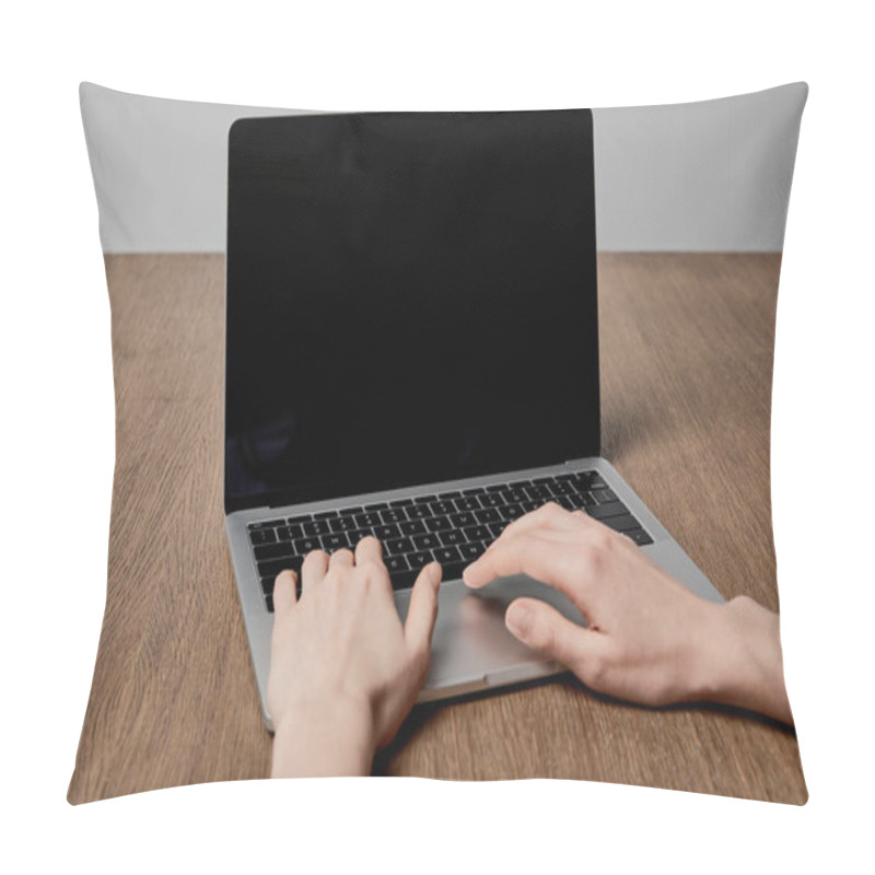 Personality  Cropped View Of Woman Using Laptop With Blank Screen On Wooden Surface  Pillow Covers