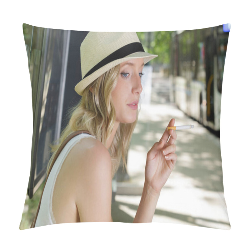 Personality  Young Woman Smoking While Waiting For Bus Pillow Covers