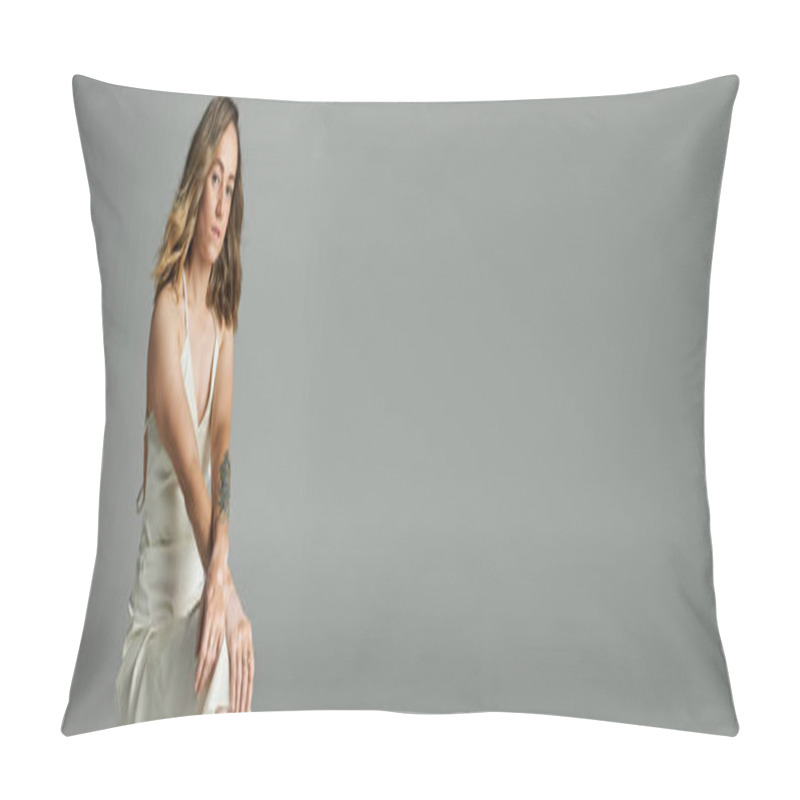 Personality  A Young Woman With Vitiligo Sits Elegantly, Exuding Beauty And Confidence In A Soft Dress. Pillow Covers