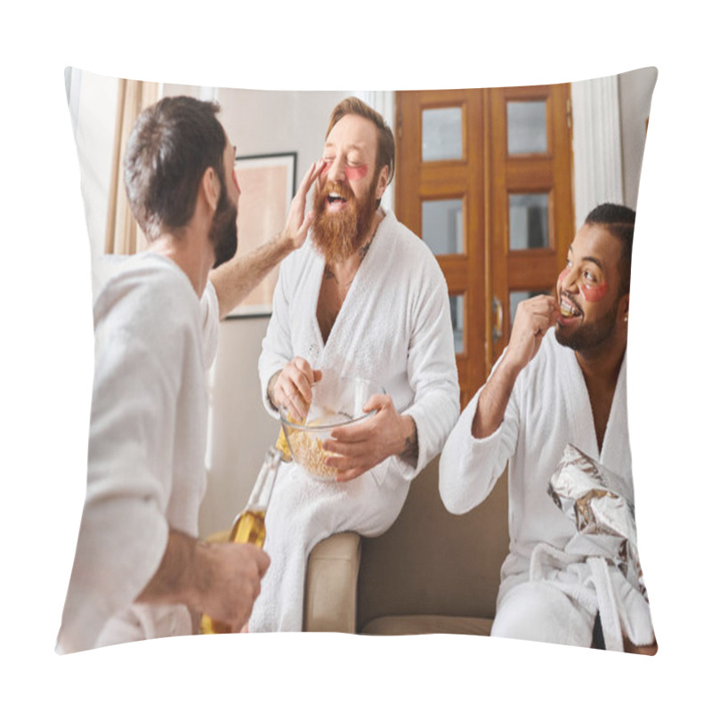 Personality  Three Cheerful, Diverse Men Wearing Bathrobes Sharing A Moment Of Togetherness And Friendship. Pillow Covers