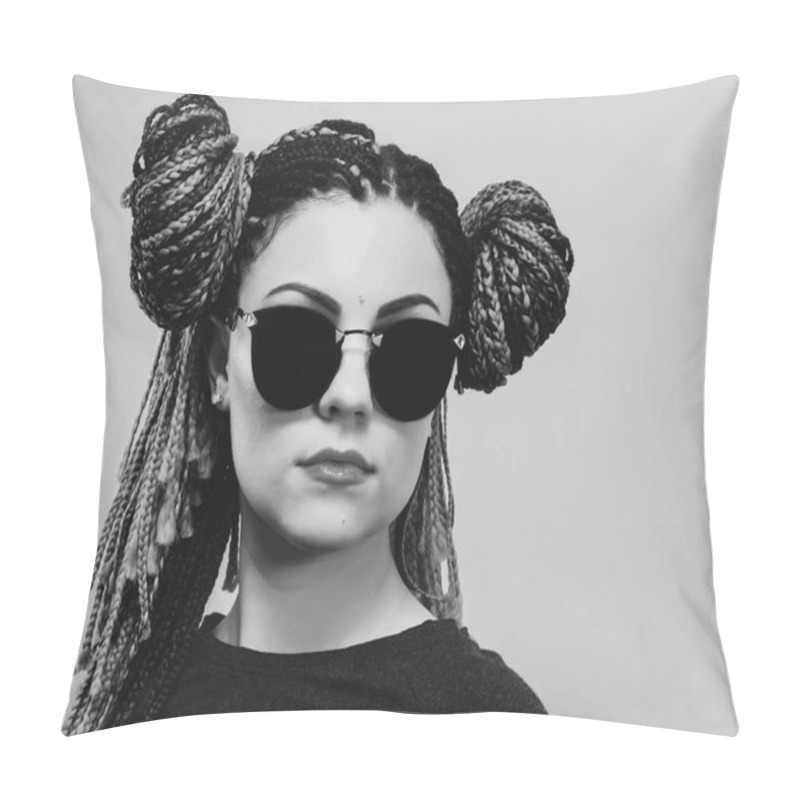 Personality  Close-up Of Woman With Blue Pigtails Braided Head African Girl With Blue Braids Hairstyle. Hipster Portrait Girl With Sunglasses On Colorful Background. Lifestyle Concept. Pillow Covers