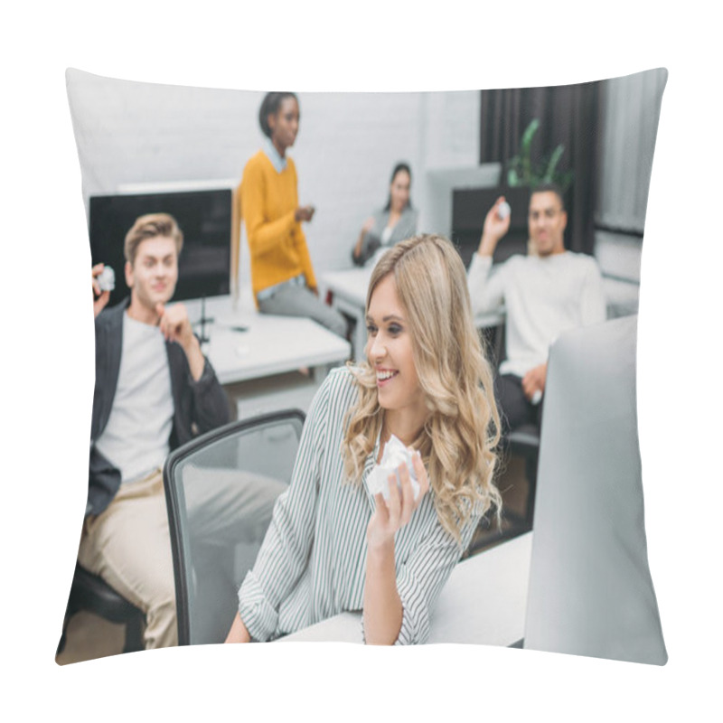 Personality  Young Multiethnic Business Partners Having Fun At Office Pillow Covers