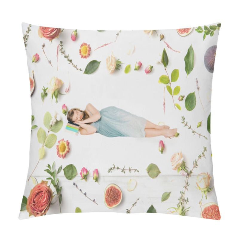 Personality   Girl In Blue Dress Sleeping On Book In Air Among Flowers Illustration Pillow Covers