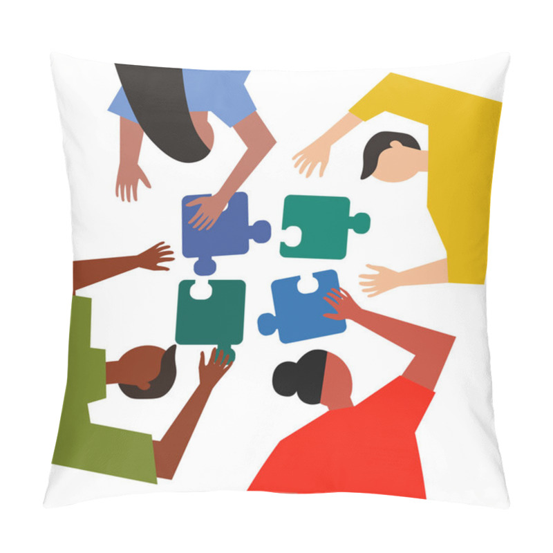 Personality  Group Of People Trying To Put Together Puzze Elements. Vector Illustration Of Teamwork. Team Of Characters On The Business Discussion. Pillow Covers