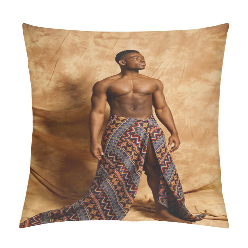 Personality  A Striking Young African American Man Stands Confidently, Posing Topless In An Eye Catching Patterned Garment. The Warm Backdrop Highlights His Physique, Blending Culture And Artistry Beautifully. Pillow Covers