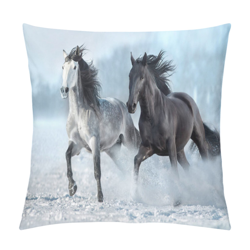 Personality   Two Horse Free Run In Snow Winter Landscape On Sunny Day. Black And White Horse Pillow Covers