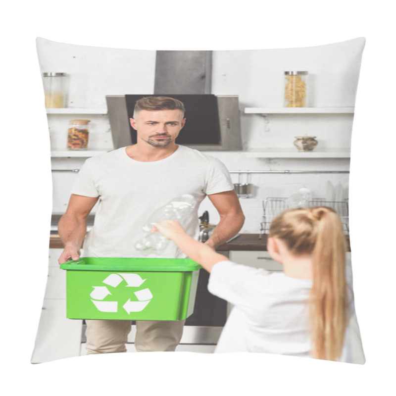 Personality  Father Holding Green Recycle Box While Daughter Holding Empty Plastic Bottles  Pillow Covers