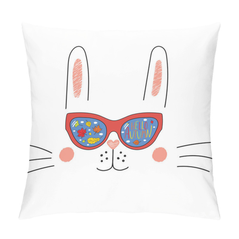 Personality  Hand Drawn Cute Cartoon Funny Bunny In Sunglasses With Reflected Falling Leaves Inside Lenses And Text Hello Autumn, Vector, Illustration Pillow Covers