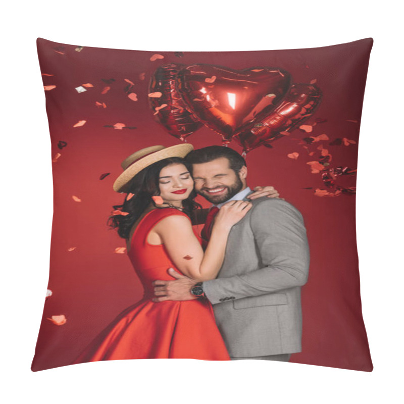 Personality  Laughing Couple Under Falling Confetti Isolated On Red Pillow Covers