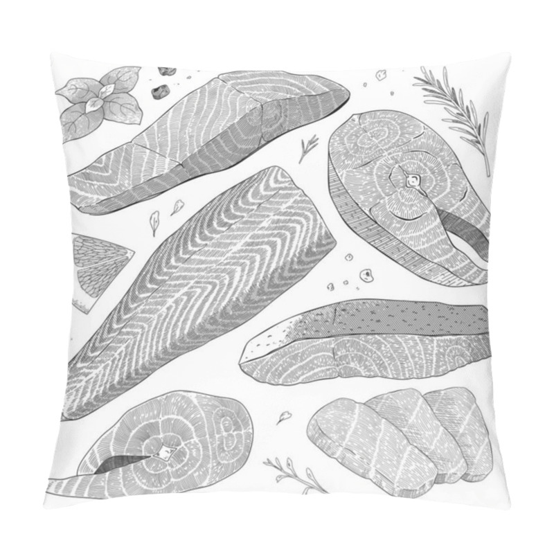 Personality  Salmon Set, Fish Steak, Atlantic Fillet, Sashimi Slices And Whole Salmon On Skin, Detailed Realistic Illustration, Balck And White Ink Art, Vector Cliparts Isolated Pillow Covers