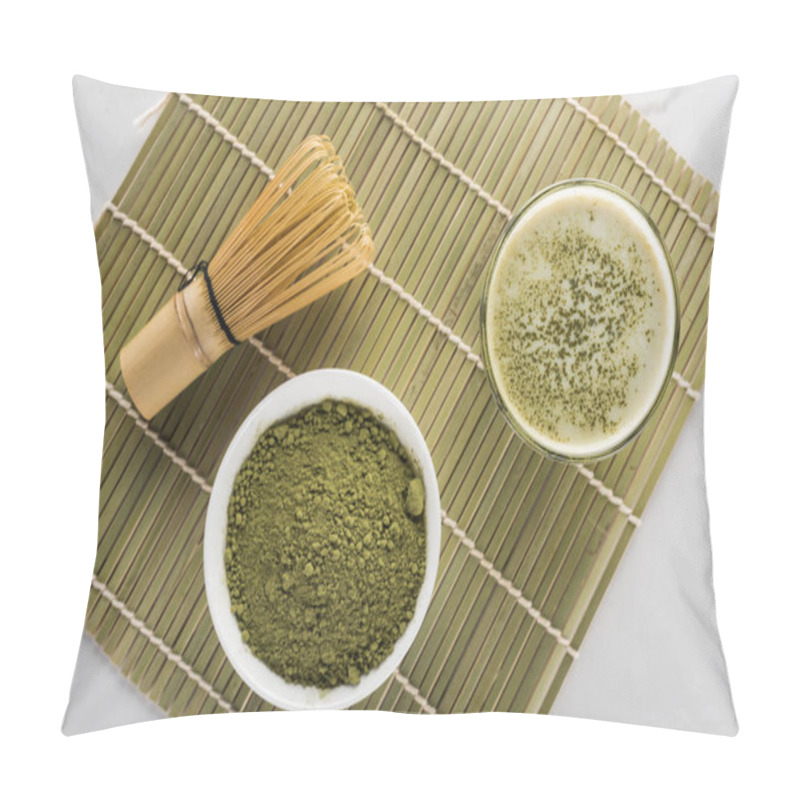 Personality  Top View Of Green Matcha Tea Powder And Drink In Glass On Bamboo Mat Pillow Covers