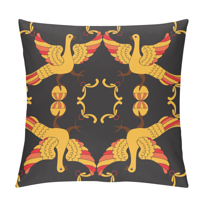 Personality  Ornamental Vector Seamless Pattern With Mythological Birds. Yellow And Red Fairy Birds On The Black Background. Hohloma Style. Folkloric Motive. Fairy Tales, Stories, Myths And Legends Decoration. Pillow Covers