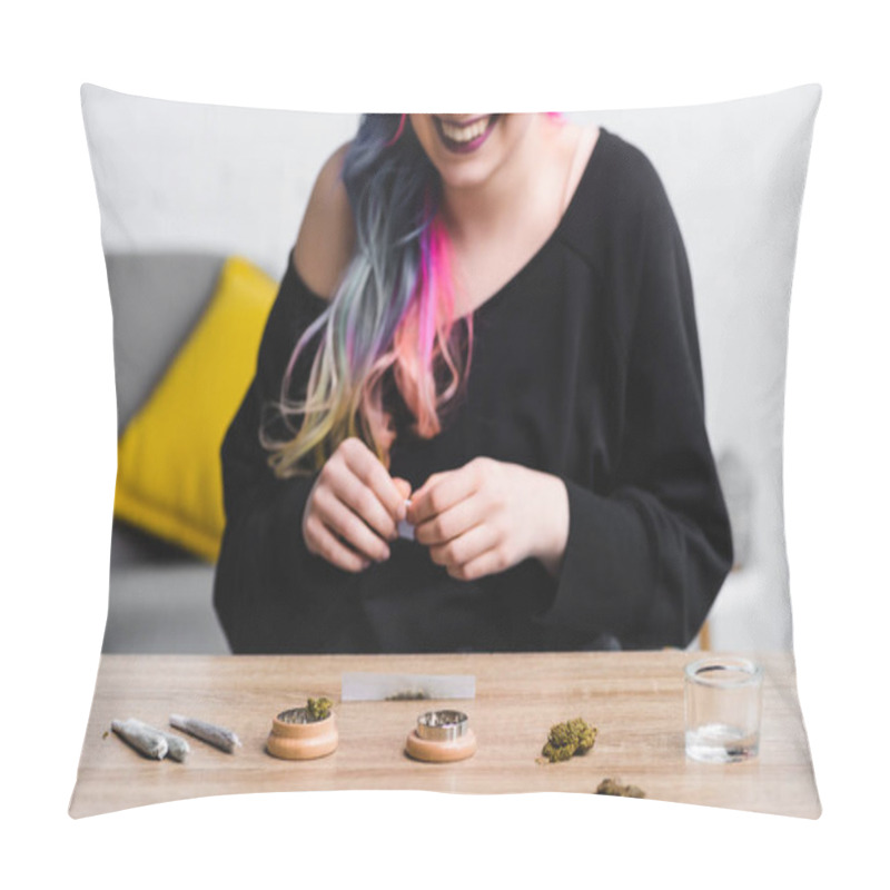 Personality  Cropped View Of Hipster Girl Smiling And Making Joint With Medical Cannabis Pillow Covers