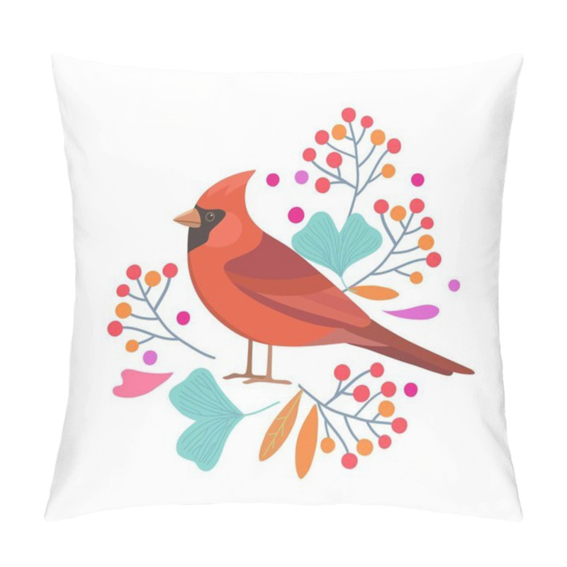 Personality  Original Art With Cute Red Cardinal Bird And Berries With Ginkgo Leaves. Vector Illustration. Pillow Covers