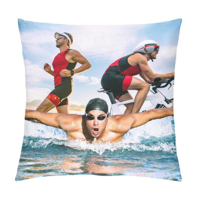 Personality  Triathlon Swim Bike Run Triathlete Man Training For Ironman Race Concept. Three Pictures Composite Of Fitness Athlete Running, Biking, And Swimming In Ocean. Professional Cyclist, Runner, Swimmer Pillow Covers