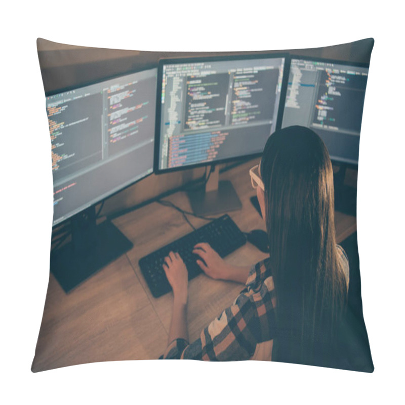 Personality  Top Above High Angle Back Rear View Photo Of Concentrated Smart Coder Recruited For Solve All The Script Failures And Renown The Cyber Safety Of The Corporation Pillow Covers