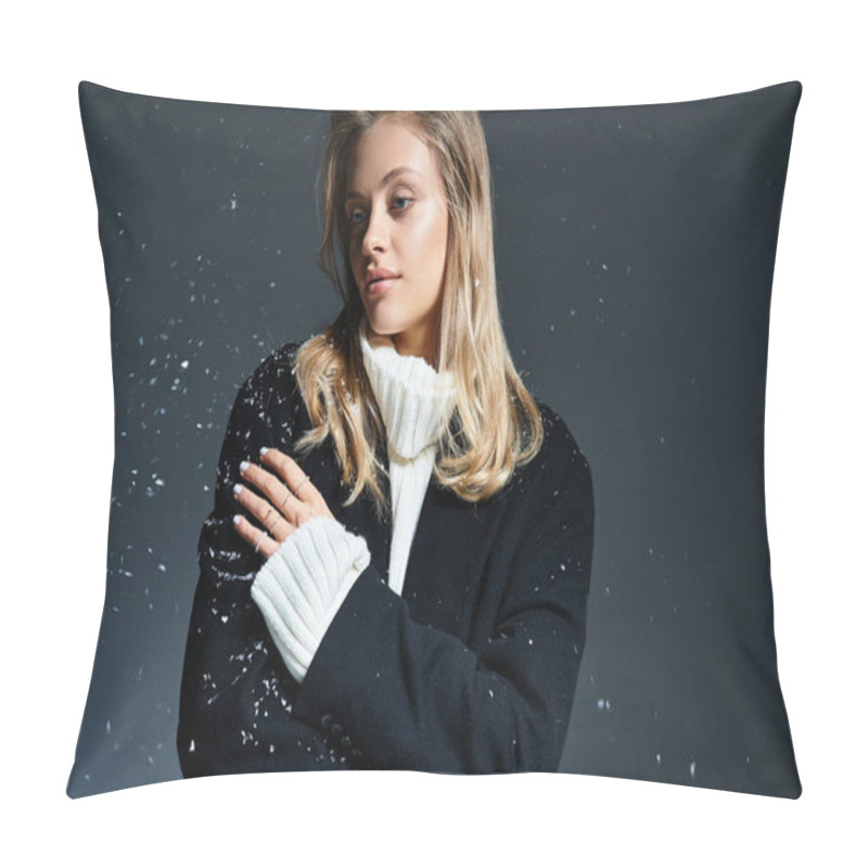 Personality  A Beautiful Young Woman Embraces The Snowy Ambiance While Showcasing A Fashionable Winter Outfit. Pillow Covers