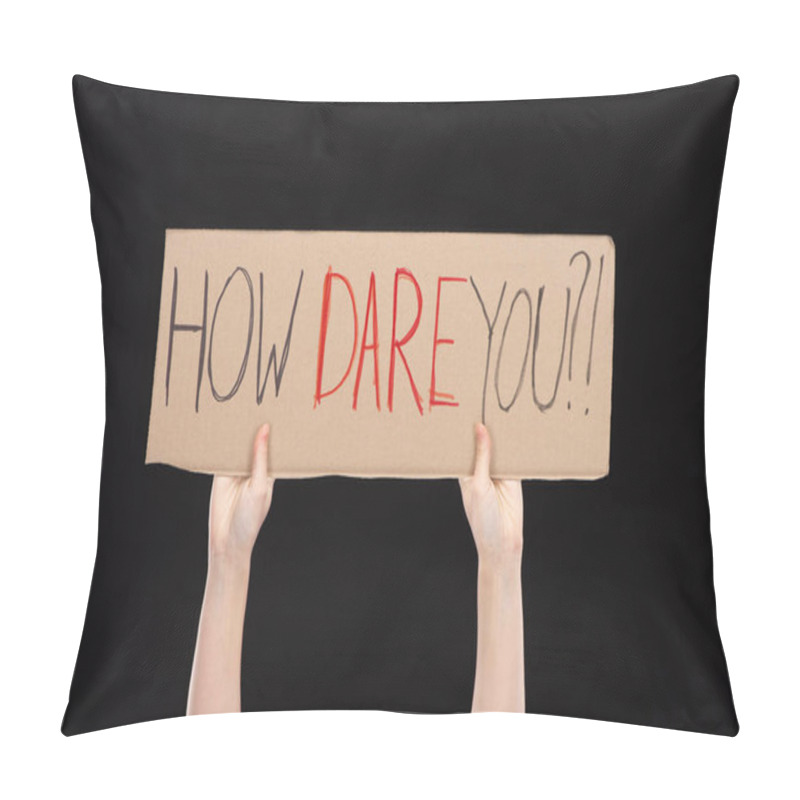 Personality  Cropped View Of Woman Holding Placard With How Dare You Lettering Isolated On Black, Global Warming Concept Pillow Covers