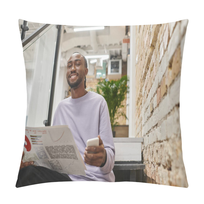 Personality  Positive African American Man Holding Graphs And Smartphone, Sitting On Stairs, Coworking, Startup Pillow Covers