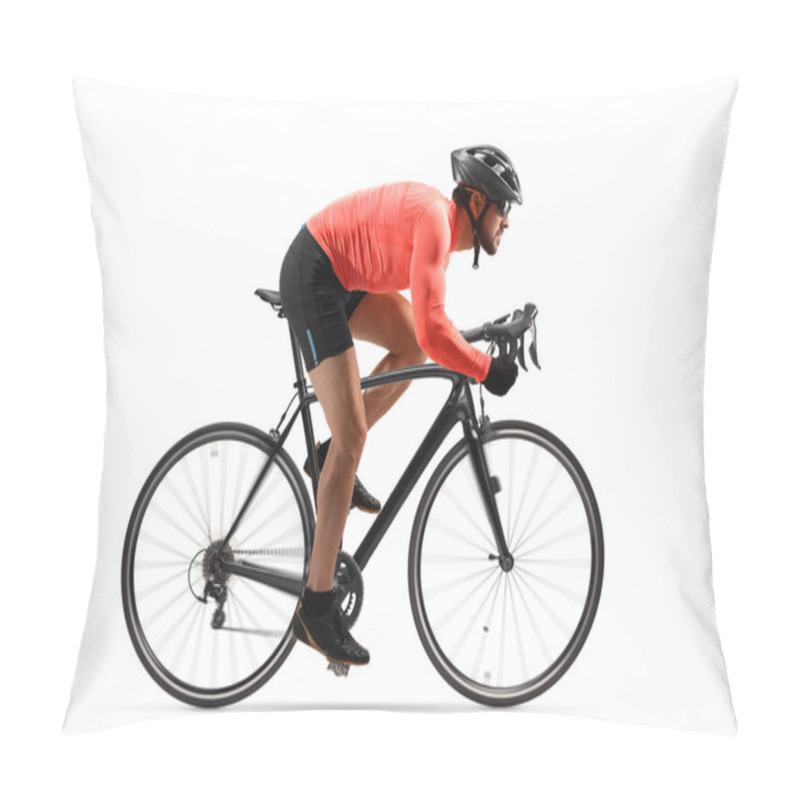 Personality  Profile Shot Of A Male Cyclist Riding A Road Bicycle With Spinning Wheels Isolated On White Background Pillow Covers