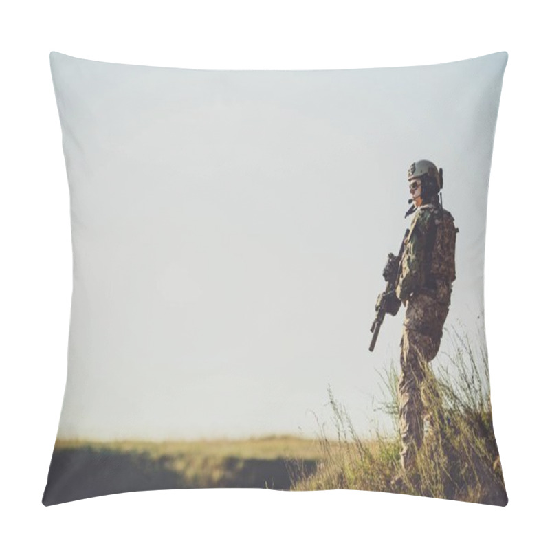 Personality  Military Soldier With Weapons At Sunset. Shot, Holding Gun, Colo Pillow Covers