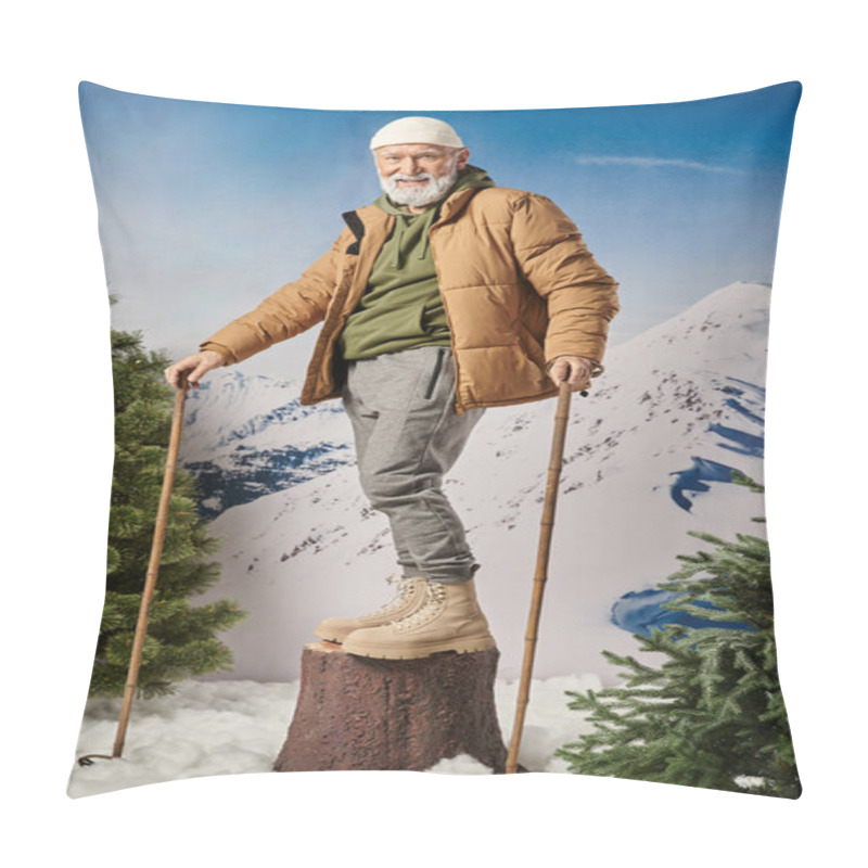 Personality  Athletic Man Standing On Tree Stump And Holding Ski Poles Smiling At Camera, Winter Concept Pillow Covers