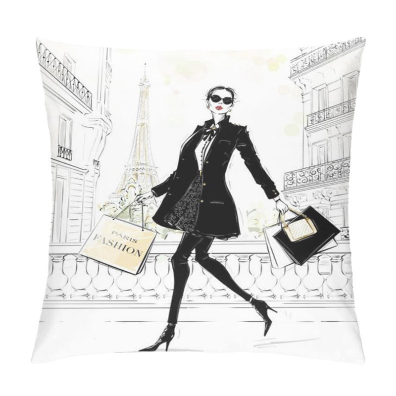 Personality  Hand Drawn Beautiful Young Woman With Bags. Fashion Look. Stylish Girl In Fashion Clothes With Paris Street Background. Woman In Black Coat. Sketch. Fashion Illustration. Pillow Covers