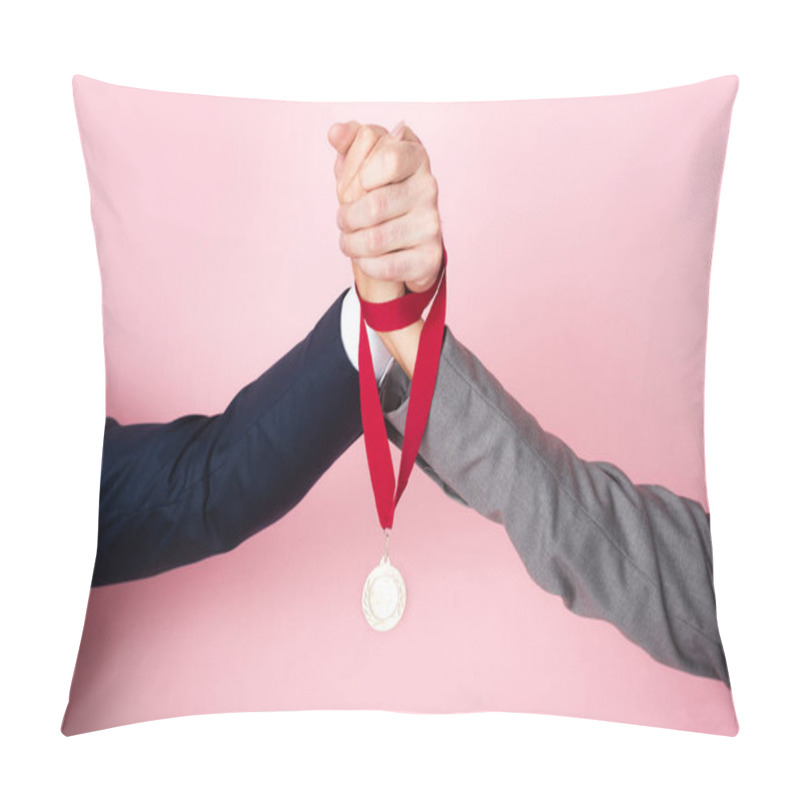 Personality  Cropped View Of Businessman And Businesswoman Holding Hands And Golden Medal On Pink, Gender Equality Concept Pillow Covers