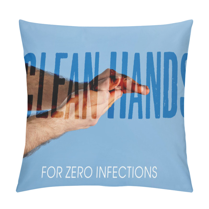 Personality  Partial View Of Man Washing Hands Isolated On Blue, Clean Hands For Zero Infections Illustration Pillow Covers