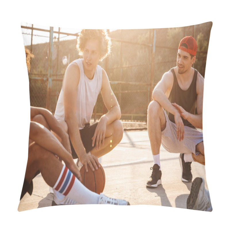 Personality  Group Of Cheerful Multiethnic Friends Basketball Players Sitting At The Sports Ground, Talking Pillow Covers