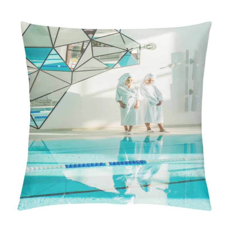 Personality  Attractive Young Women In Bathrobes Standing Next To Swimming Pool At Spa Center Pillow Covers