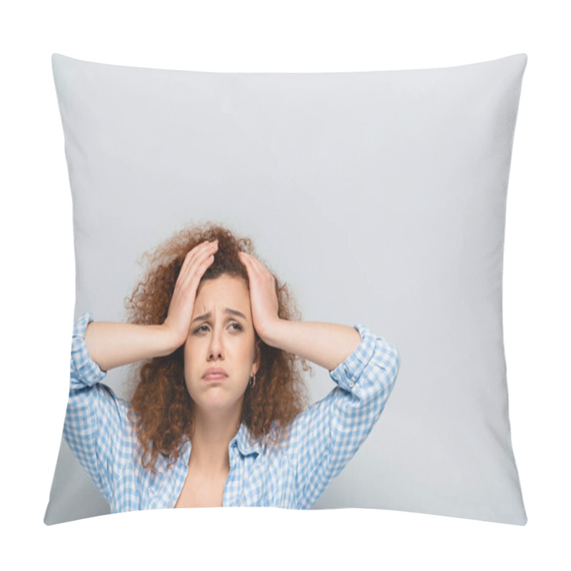 Personality  Tired Woman Puffing Cheeks While Suffering From Migraine On Grey Background Pillow Covers