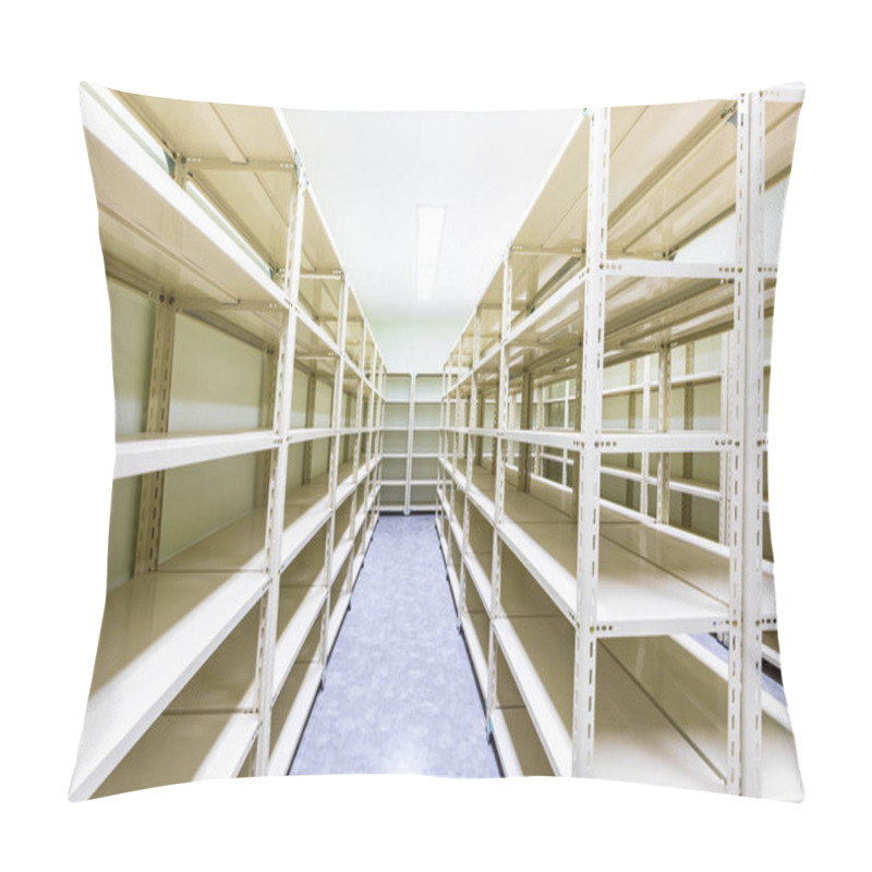 Personality  Empty White Metal Shelves In Storage Room Pillow Covers