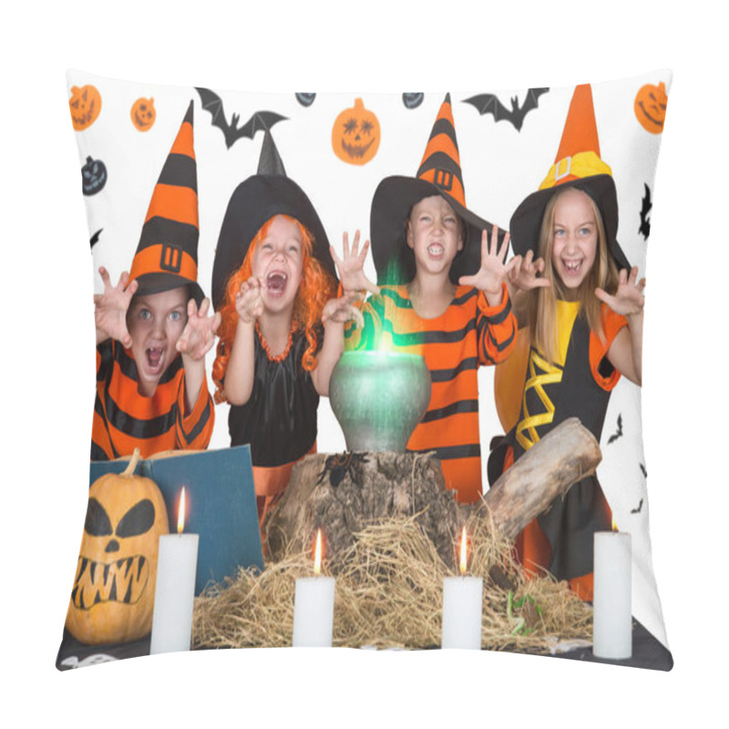 Personality  Halloween.The Children Of Witches And Wizards Cooking Potion In The Cauldron With Pumpkin And Spell Book. Pillow Covers