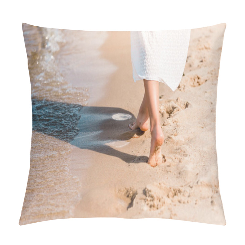 Personality  Partial View Of Barefoot Girl In White Dress Walking On Sandy Beach Near Water Pillow Covers